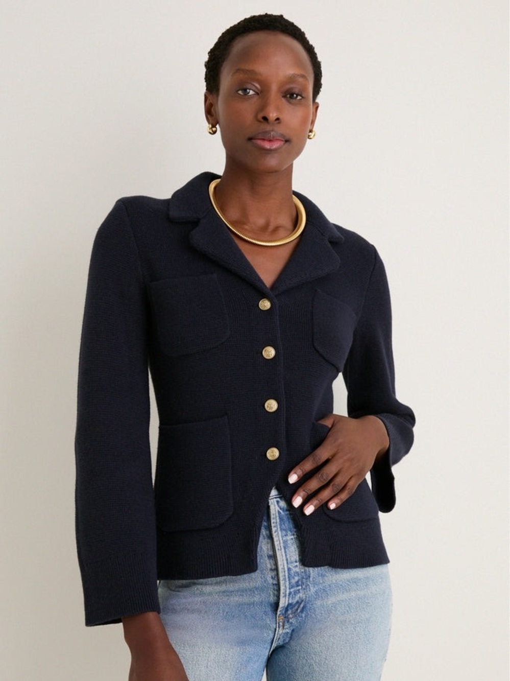 Alex Mill NWT XS Black Knit London Sweater Merino Wool Blazer Gold Buttons